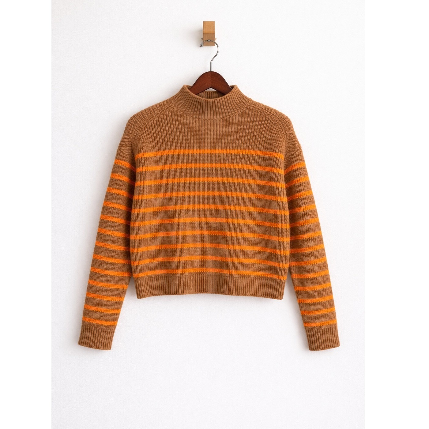 Ann Taylor Petite Brown Orange Striped Mock Neck Ribbed Knit Sweater Sp